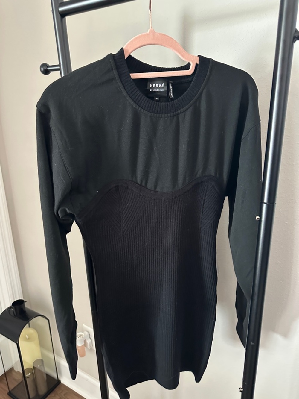 Herve Leger Black Crewneck Long Sleeve Top